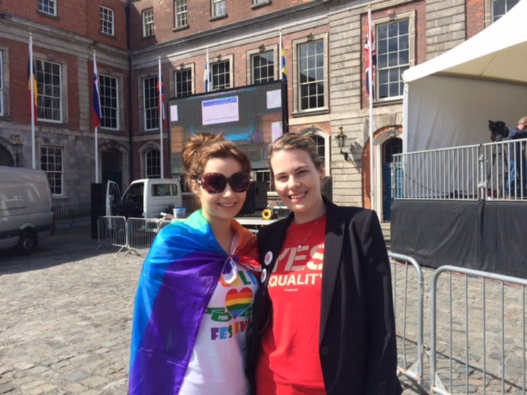Image: Sisters Rebecca and Rachel Doyle from Enniscorthy, County Wexford, at Saturday's gay marriage referendum count.