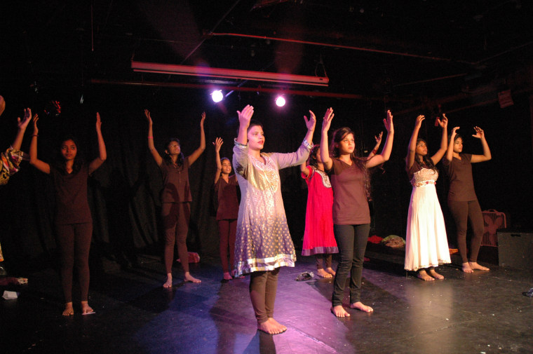 Kranti girls perform their play "Lal Batti Express" about their lives in the red-light district in Mumbai at the WOW Cafe Theatre in New York.
(Back row: L-R: Vrunali Rasam, Sandhya Nair, Mahek, Danish Shaikh. Front row: L-R: Pinky Sheikh, Amrin Shaikh, Rani Patil, Shraddha Katti)