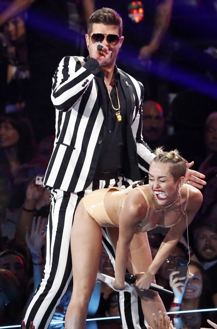Miley Cyrus and Robin Thicke perform "Blurred Lines" during the 2013 MTV Video Music Awards in New York