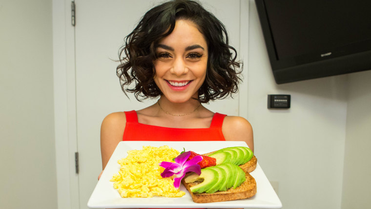 Vanessa Hudgens shares her favorite breakfast, scrambled eggs and avocado on toasted Ezekiel bread.