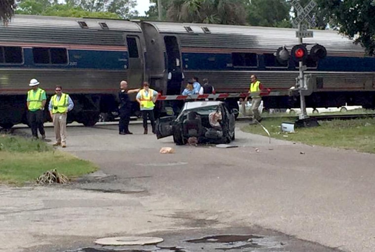 A train collided with a car in Riverside, cutting the vehicle in half on Tuesday.