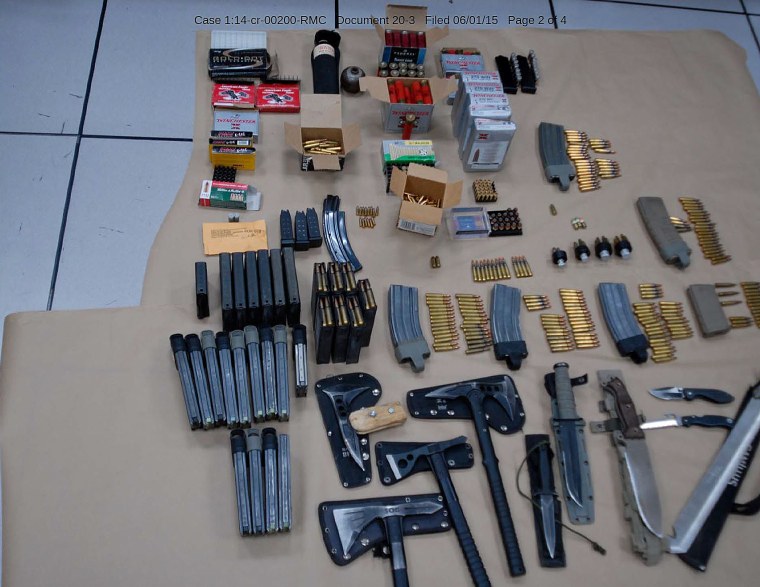 Ammunition and weapons found in the vehicle of Omar Gonzalez after he was apprehended for jumping a fence at the White House.