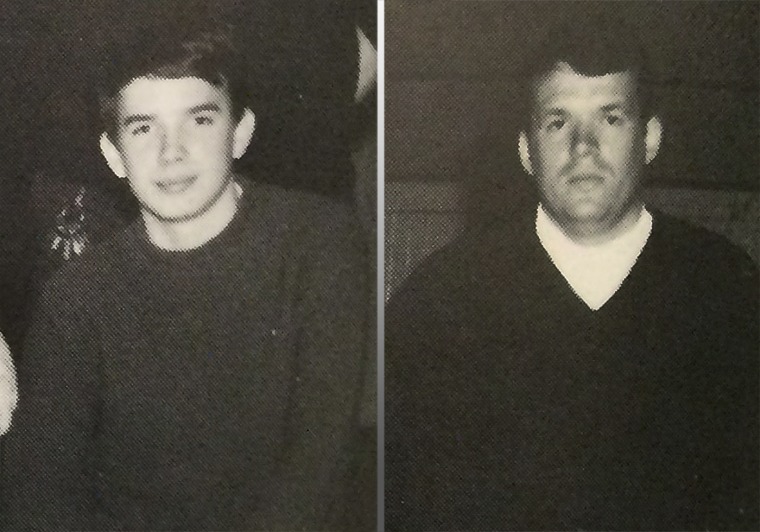 Steve Reinboldt, the equipment manager for the wrestling team, left, and Dennis Hastert, the wrestling coach, appear in a 1970 Yorkville High School Yearbook photo.