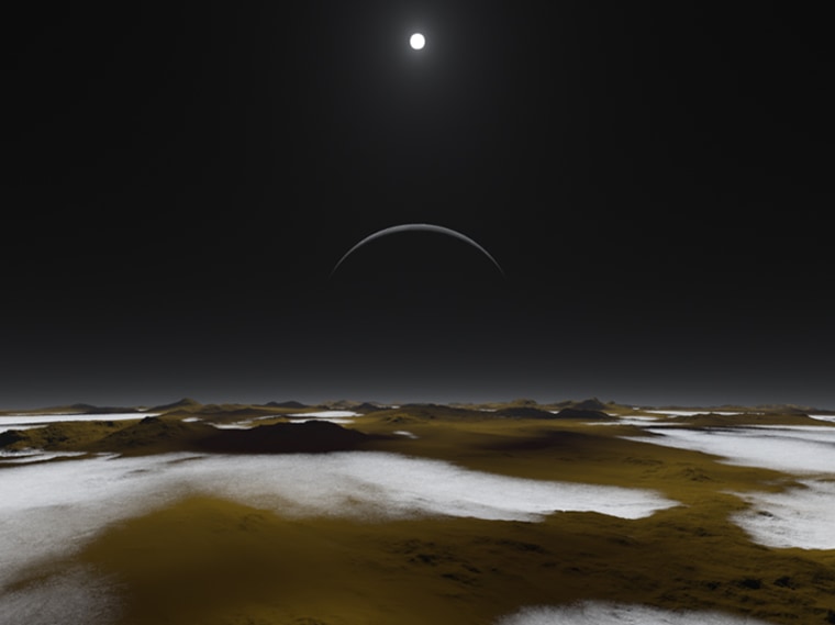 Just how dim is the sunlight on Pluto, 3 billion miles away? This artist's concept of the frosty surface of Pluto with Charon and our sun as backdrops illustrates that while sunlight is much weaker than it is here on Earth, it isn't as dark as you might expect. You could read a book on the surface of Pluto at noon.