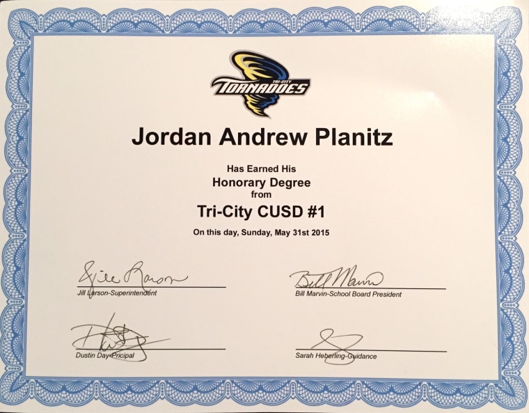 Jordan Planitz has a terminal illness and was given an honorary diploma by Tri-City High School in Buffalo, Illinois