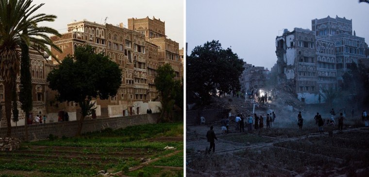 An undated photo of building in Old Town in Sanaa, Yemen, and the same area after an airstrike on June 12. 