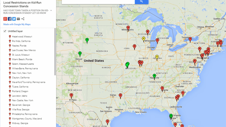 Google maps marking the spots where lemonade or other kid-run concession stands have been shut down over the years.