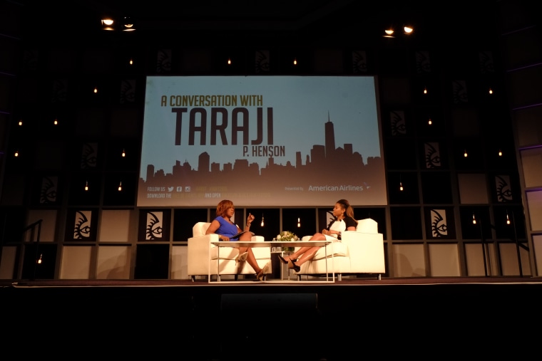 Gayle King moderating the conversation with Taraji P. Henson at the 2015 American Black Film Festival in New York, NY.