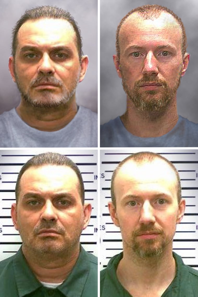 New York State Police released these "progression" images, top, of escaped inmates Richard Matt, left, and David Sweat on June 17, that show what they may look like after 10 days on the run.