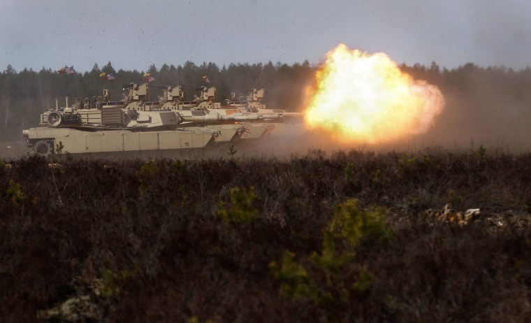 Image: American M1A2 Abrams tanks during an exercise in Lithuania on April 9, 2015