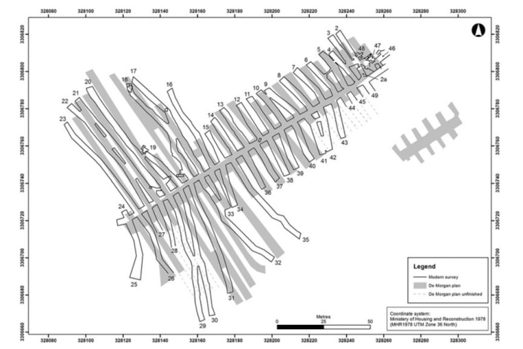 A new survey of the dog catacomb overlaid on top of a 1897 map drawn by French archaeologist Jacques de Morgan (seen in gray).