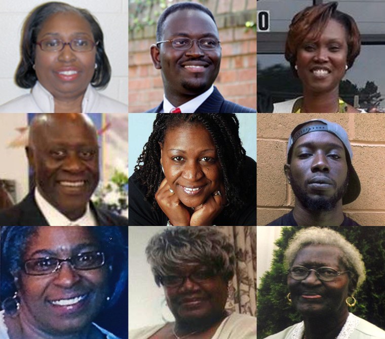 Image: Nine victims of the Charleston church shooting.   Top row: Cynthia Hurd, Rev. Clementa Pinckney, Rev. Sharonda Coleman-Singleton middle row: Daniel Simmons,  Rev. Depayne Middleton Doctor, Tywanza Sanders Bottom row: Myra Thompson, Ethel Lee Lance,