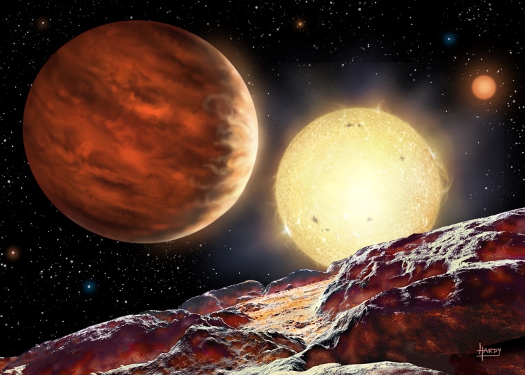 Artist's impression of Tom's planet, WASP-142b, orbiting its star, WASP-142.