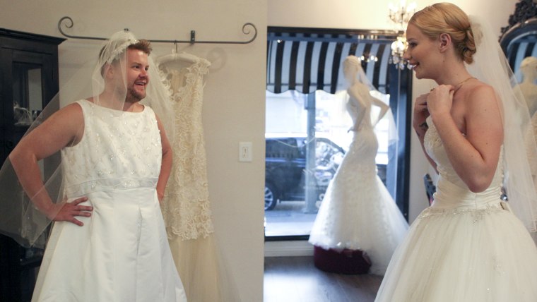 Iggy Azalea and James Cordon in wedding dresses