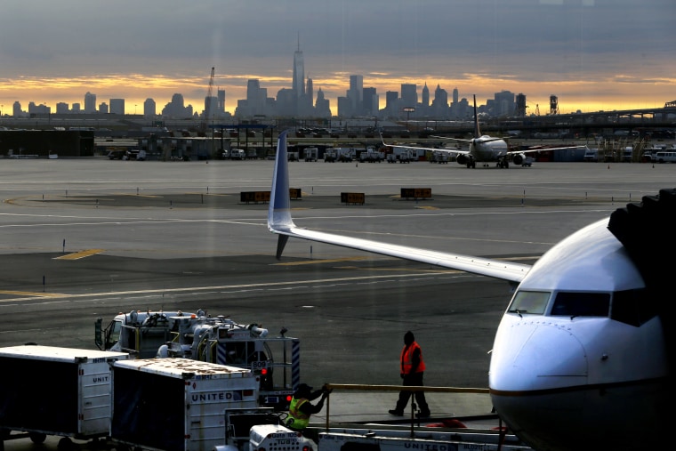Image: A file photo showing a United jet parked at Newark Airport in May 2015.
