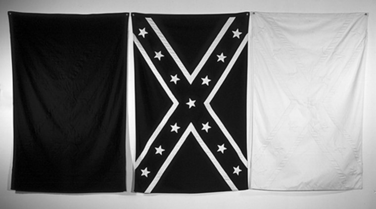A black-and-white photo of the Afro Battle Flag, part of John Sims' Recoloration Proclamation project
