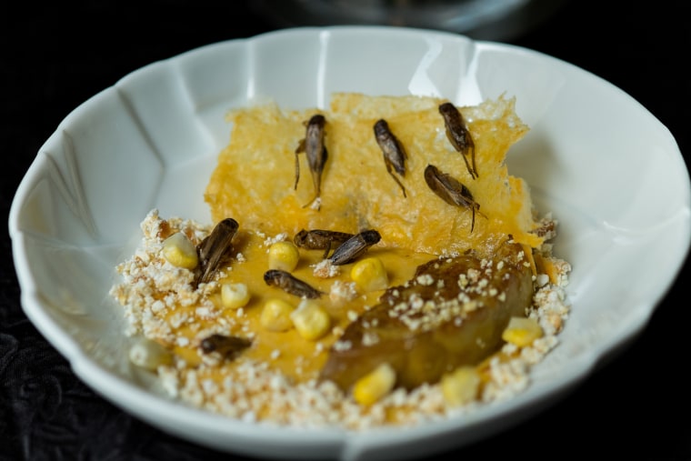 Image: Creamed corn with foie gras and crispy crickets with buckwheat at the Aphrodite restaurant in Nice, France, in 2013