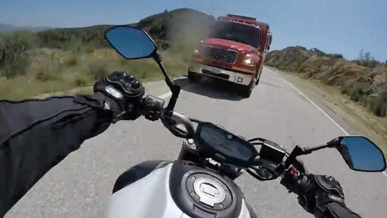 Motorcyclist Jesse Lopez was rounding a blind curve in Southern California when he wound up right in the path of an oncoming fire truck.