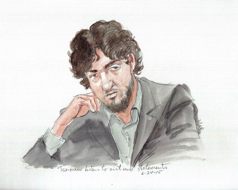 Boston Marathon bomber DhzhokharTsarnaev listens in court during his sentencing hearing on June 24.