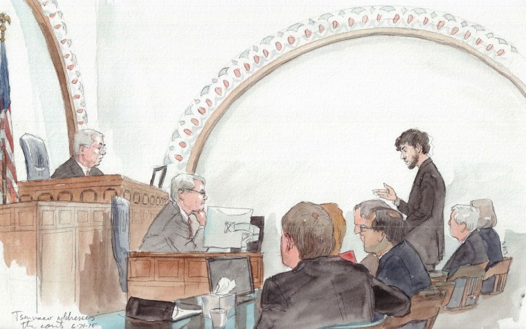 Boston Marathon bomber Dzhokhar Tsarnaev addresses the court at his sentencing hearing on June 24. 					