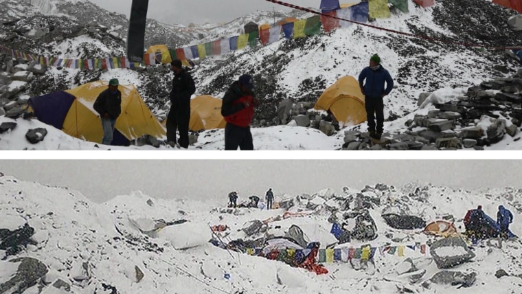 A view of Everest Base Camp before (top) and after (bottom) the avalanche hit, leaving 19 dead and more than 60 injured.