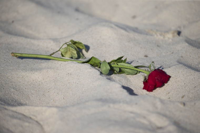 Image: A rose lies on the beach of the Riu Imperial Marhaba Hotel in Port el Kantaoui, scene of Fridays terror attack.