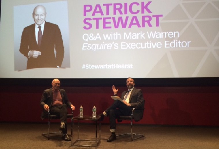 For the Hearst Corporation's Master Class series, Esquire executive editor Mark Warren interviewed actor Patrick Stewart at an event leading up to the premiere of Stewart's new Starz series, "Blunt Talk."