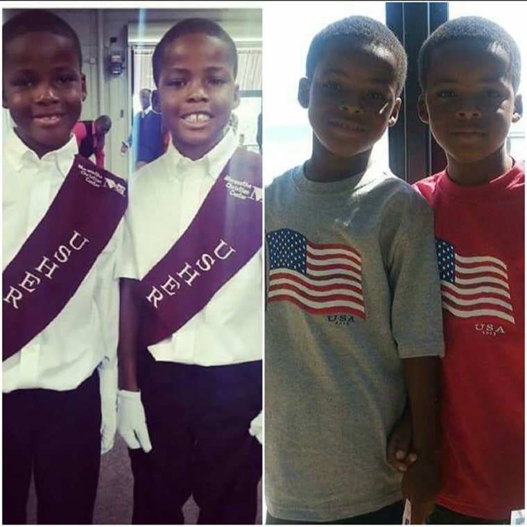 Mom Kanisha Nikki George writes on Facebook, "These are my identical 8 year old twin boys Ahmad and Ahmari. My family including myself still cannot tell them apart sometimes. My grandmother gets a black Sharpie and draws a big circle on the middle of ones forehead so she can tell them apart. They are very close yet fight all the time, everything is a competition!! They fight over everything from a who has more toothpaste on there toothbrush to who has more Frosted Mini Wheats in there bowl!!!! As soon as you separate the two they miss each other so much!"