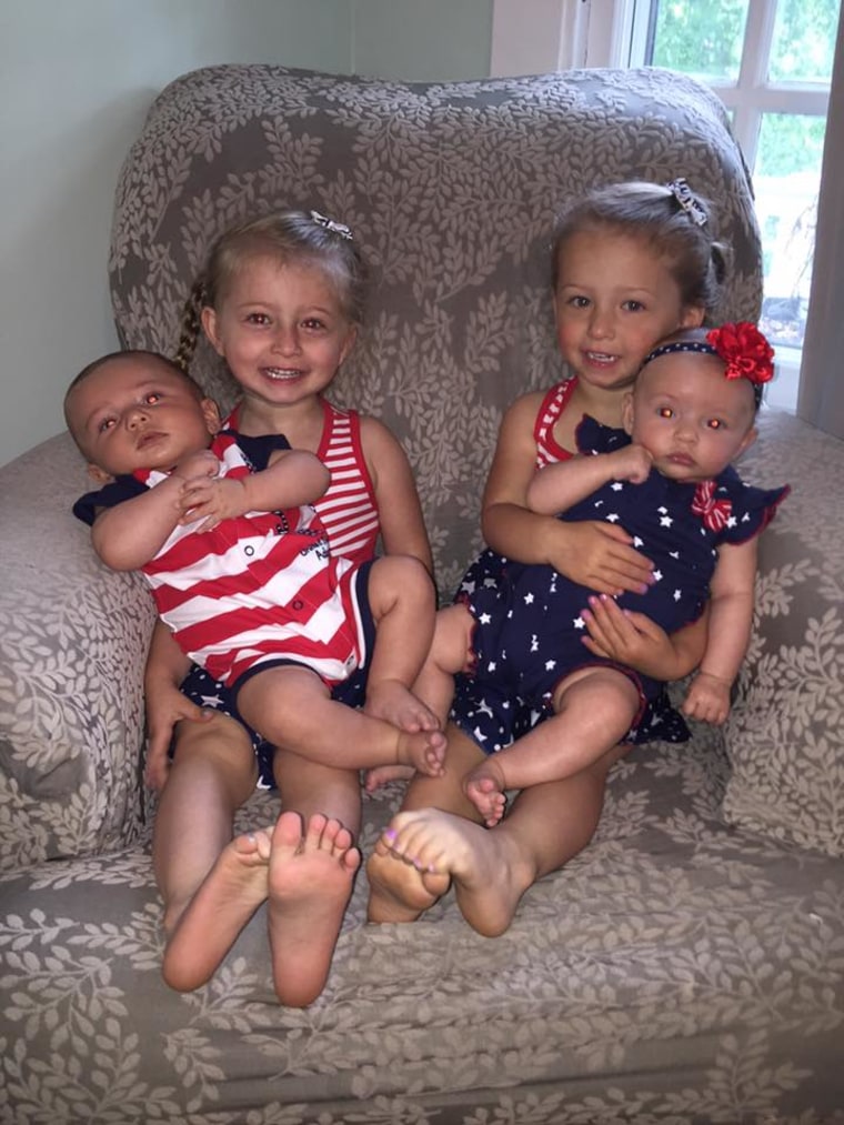 Mom Kristan Levy writes on Facebook, “Our two sets of twins were both surprise twins (no family history and no medication) and are only 2 years apart! All fraternal and love each other to the ends of the earth. Sharing is another story!”