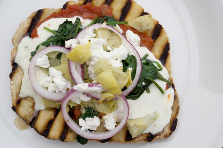 Grilled Pizza with Spinach, Artichoke, Red Onion and Feta Cheese