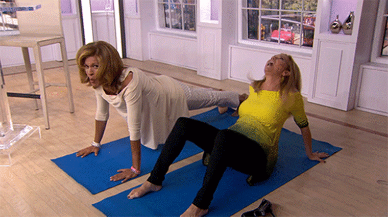 Kathie Lee Gifford demos her version of a reverse plank while Hoda shows off her push-ups.