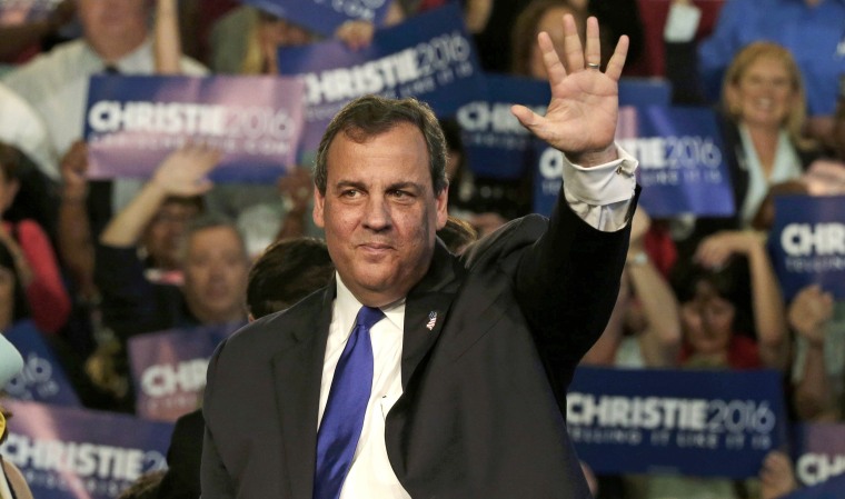 Image: Republican U.S. presidential candidate Christie acknowledges supporters during a kickoff rally in Livingston, New Jersey