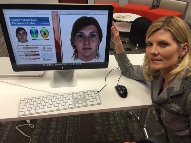 A composite created using DNA from NBC News' Kate Snow is seen next to Snow. The computer correctly identified her natural hair color as brown.