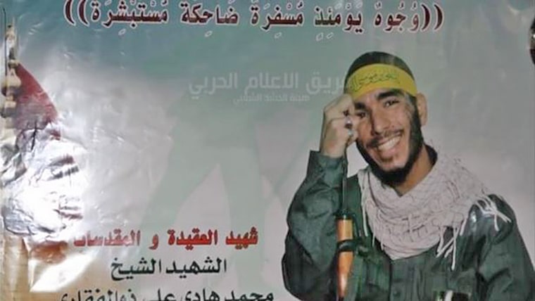 A still from the Badr Organization video shows the so-called martyrdom poster for Muhammad Hadi Dhulfiqari.