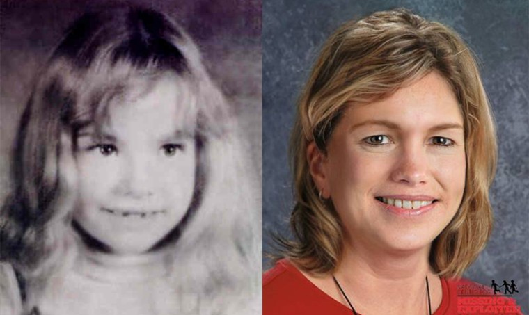 Amy Fandel pictured left at age eight then an age progressed photo of what she may look like now from the National Center for Missing and Exploited Children.