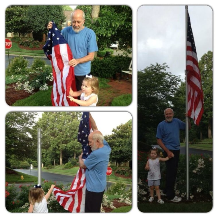 "My daughter and her great grandpa raising her great GREAT grandpa's American flag on the 4th!"