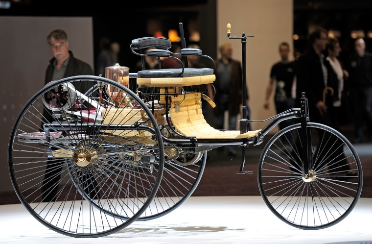 A Benz Patent-Motorwagen, displayed at the Techno-Classica world trade fair for vintage, classic and prestige automobiles in Essen, Germany, on April 1, 2011. The very first automobile was invented by German Carl Benz in 1886. The world's first car  had one cylinder and 1 horse power.