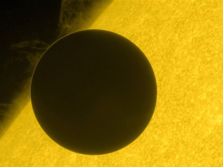 Image of Venus taken as it begins its trip across the disc of the sun, taken by the JAXA-NASA satellite Hinode.