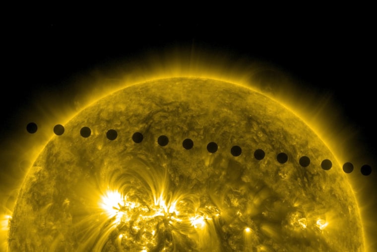 Composite of several images taken by NASA's Solar Dynamics Observatory as Venus made its way across the sun on June 5, 2012.