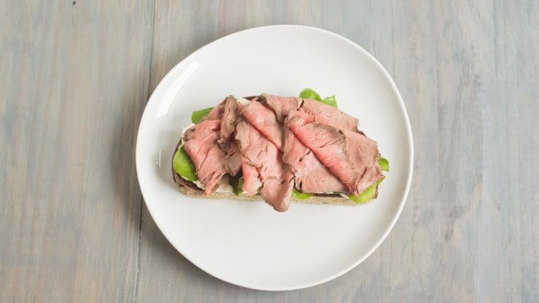 Roast beef, horseradish mayo, and arugula sandwich