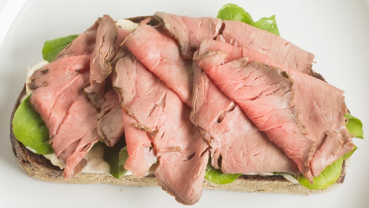 Roast beef, horseradish mayo, and arugula sandwich