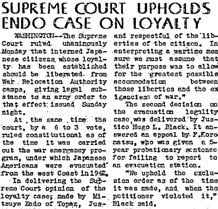 Topaz Times, 1944-12-20 Supreme Court Upholds Endo Case on Loyalty.