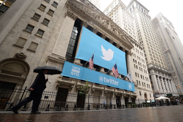 Image: Banner with Twitter logo on the front of the New York Stock Exchange
