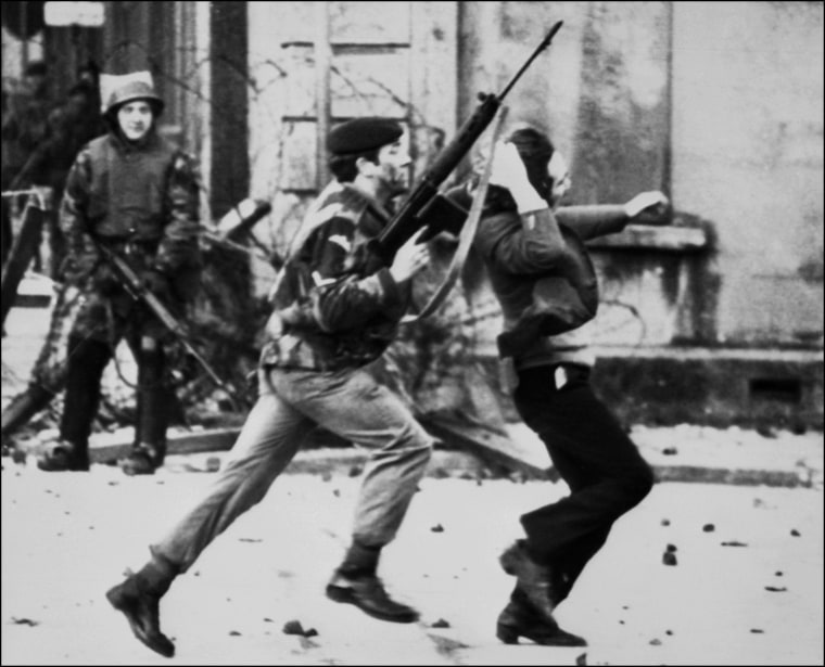 Image: British soldier with Catholic protester in Londonderry, Northern Ireland, on Jan. 30, 1972