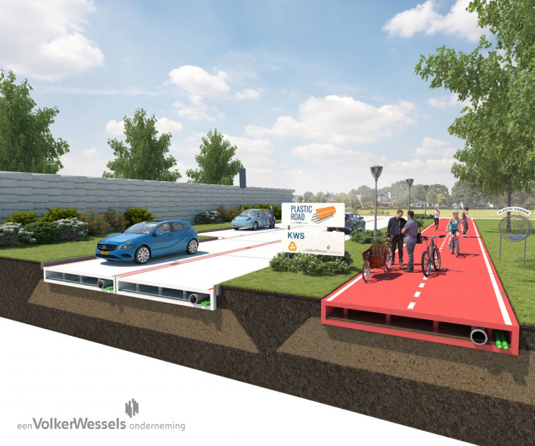 The PlasticRoad design features a 'hollow' space that can be used for cables, pipes and rainwater.