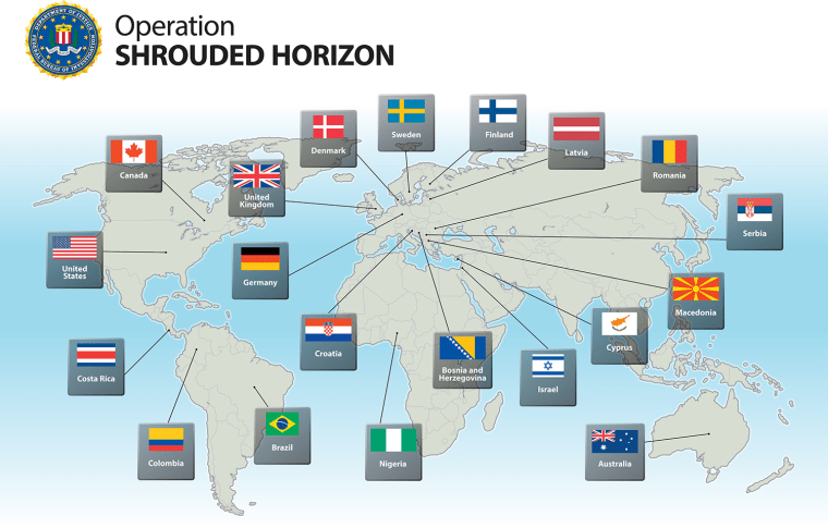 The FBI called its effort to infiltrate Darkode “Operation Shrouded Horizon” and showed this map at a news conference.