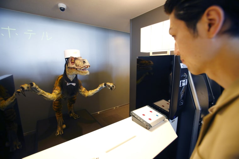 Receptionist dinosaur robot