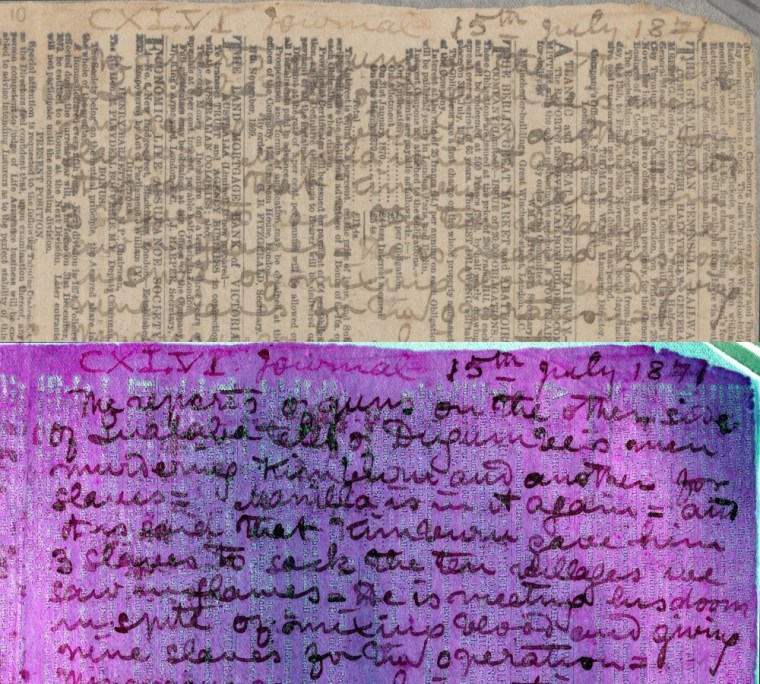 A newsprint page used by David Livingstone as a diary but rendered illegible by fading. Multispectral imaging all but eliminates the interfering print, leaving the handwritten text readable.