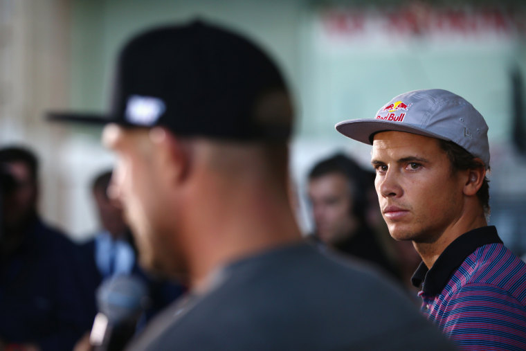 Image: Australian surfers  Mick Fanning and Julian Wilson speak to the media