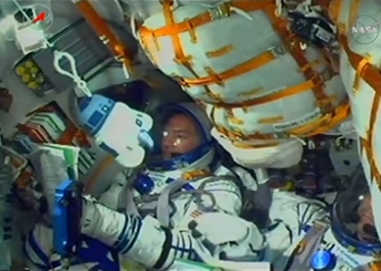 View from inside the Soyuz spacecraft during the launch.